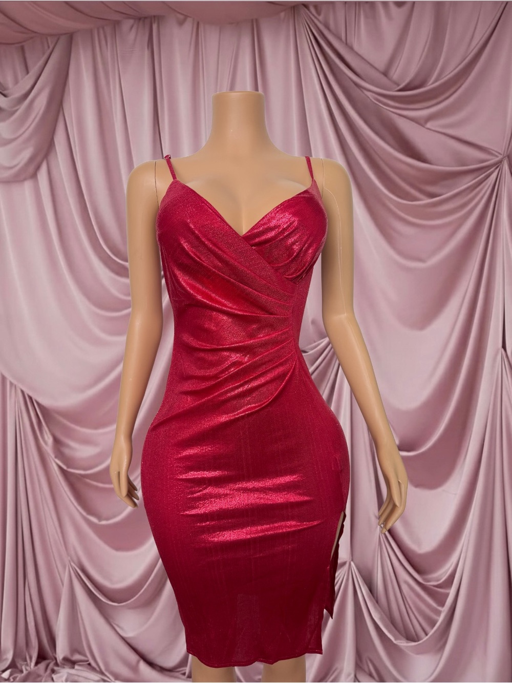 Red Metallic Bodycon Slip Dress with Spaghetti Straps